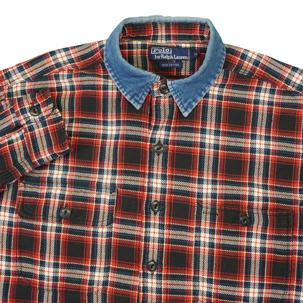 Vintage Polo Ralph Lauren Flannel Shirt Mens M Red Plaid Denim Collar Workshirt